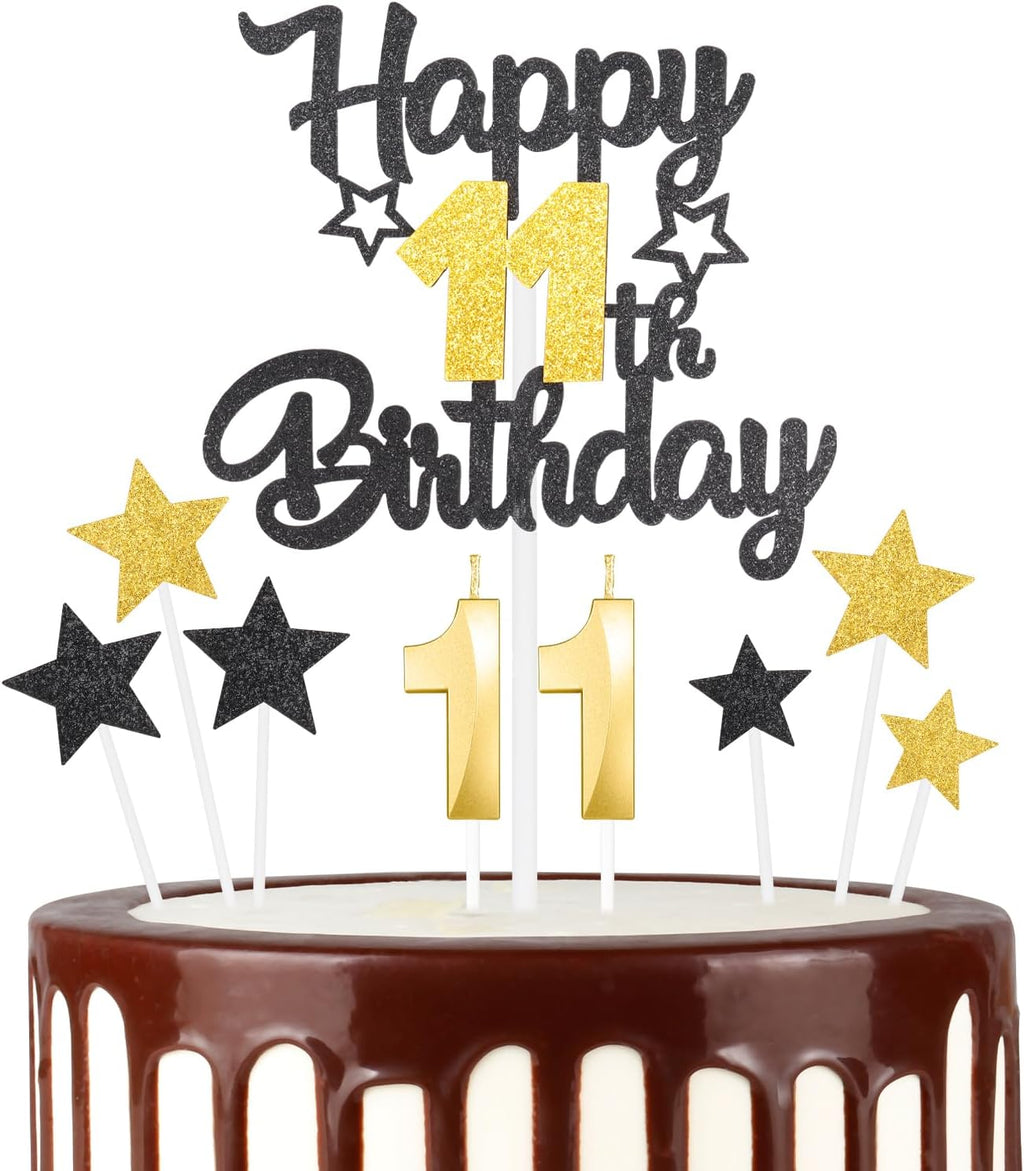 Boys Girls 11th Happy Birthday Candles Cake Toppers,Number 11 Candle for Cake,Black Gold Candles for Women Men Birthday Decorations,Star Cake Toppers for Birthday Party Wedding Anniversary