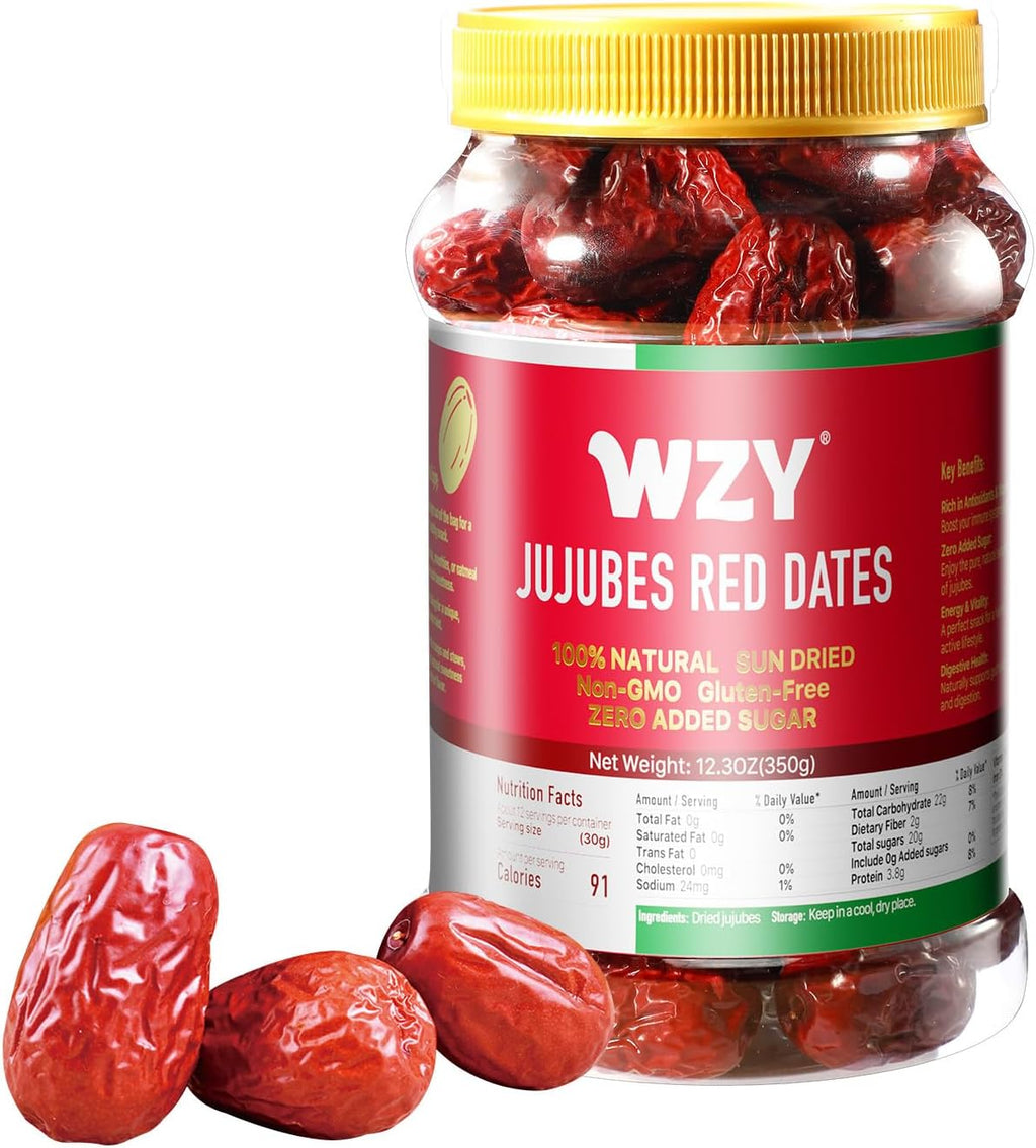 WZY Premium Dried Red Dates Jujube Dates - 100% Natural Large & Sweet Healthy Snack No Preservatives No Additives Vegan Perfect for Snacking Cooking Baking & Soups (12.3 OZ (350g))