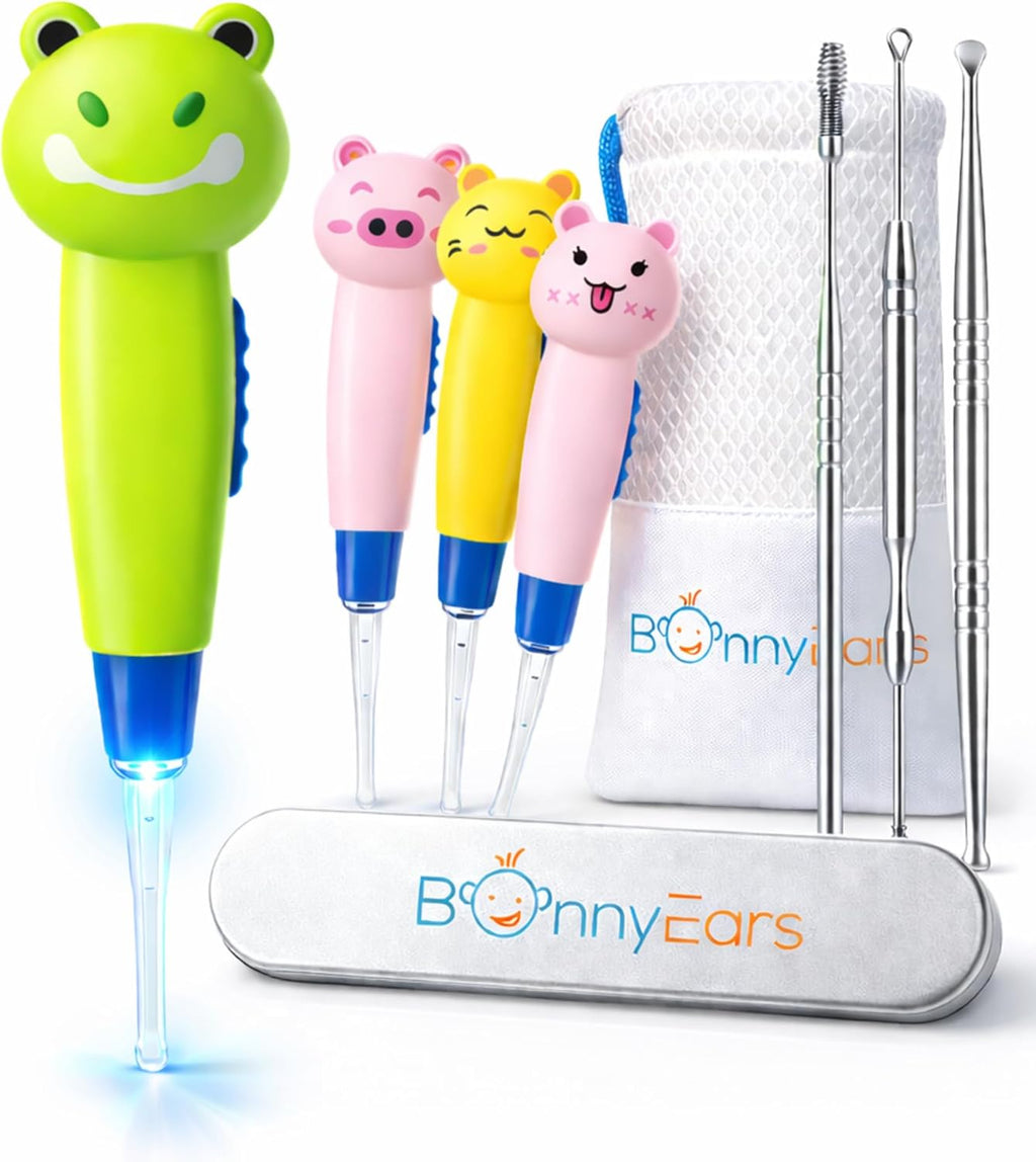 Ear Wax Removal Tool with Led Light for Kids - Toddlers, Infants, Baby and Adult by BonnyEars | Stainless Steel Earwax Remover Kit | Ear Pick Spoon Curette Tweezers Cleaning