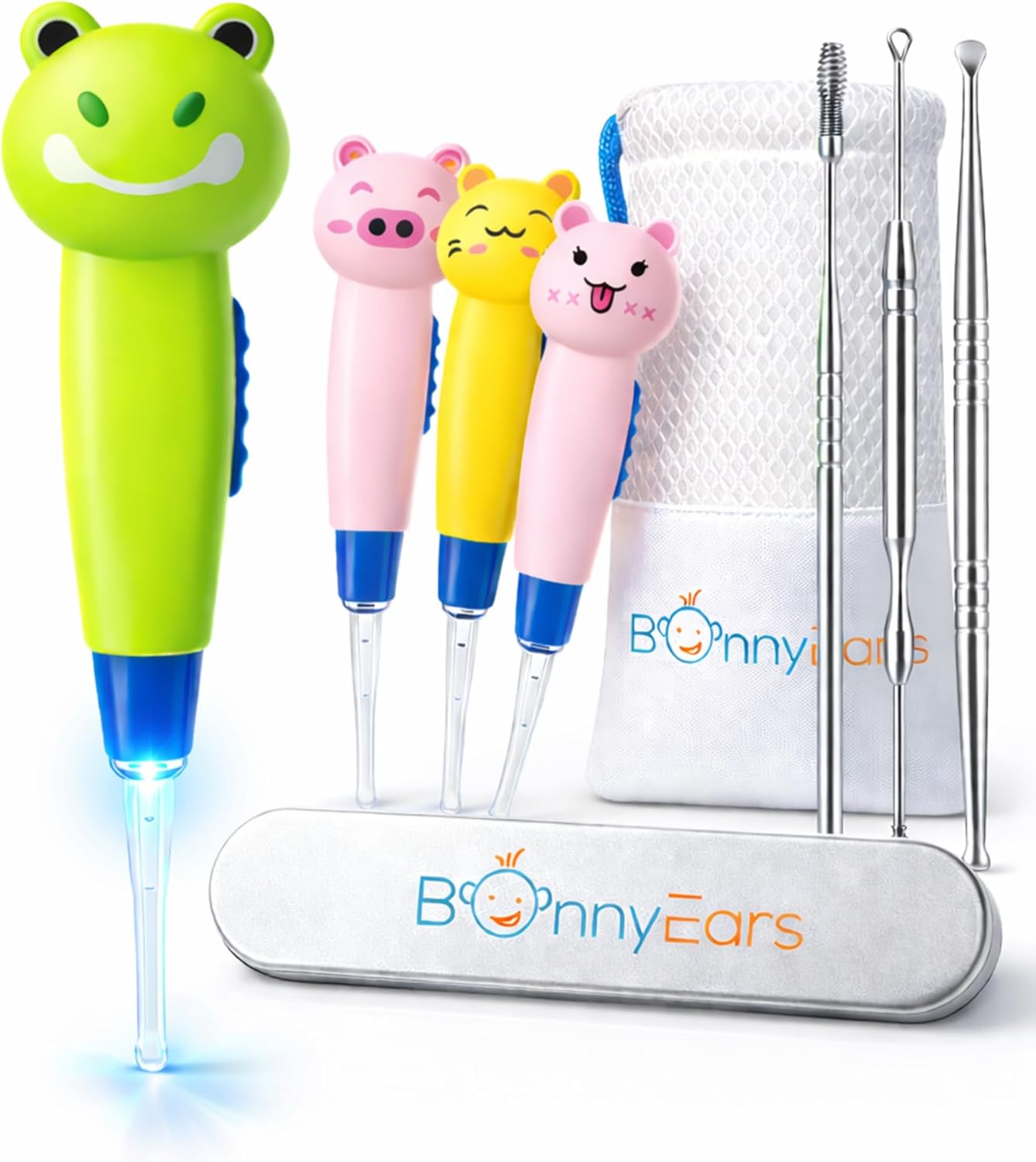 Ear Wax Removal Tool with Led Light for Kids - Toddlers, Infants, Baby and Adult by BonnyEars | Stainless Steel Earwax Remover Kit | Ear Pick Spoon Curette Tweezers Cleaning