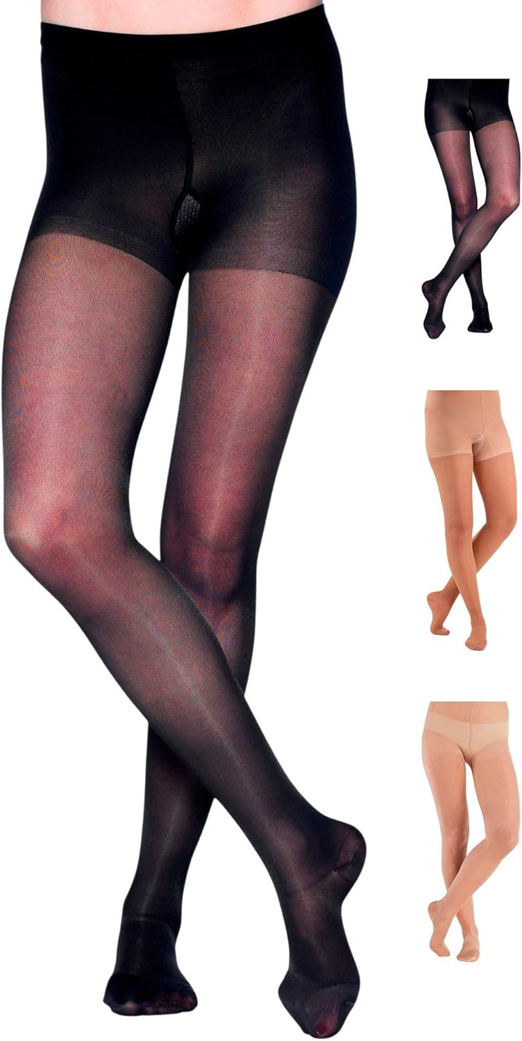Made in USA - Sheer Compression Pantyhose for Women 20-30mmHg - Graduated Support Compression Tights for Varicose Veins Circulation, Edema, Pain Relief - Black, Medium - A207BL2