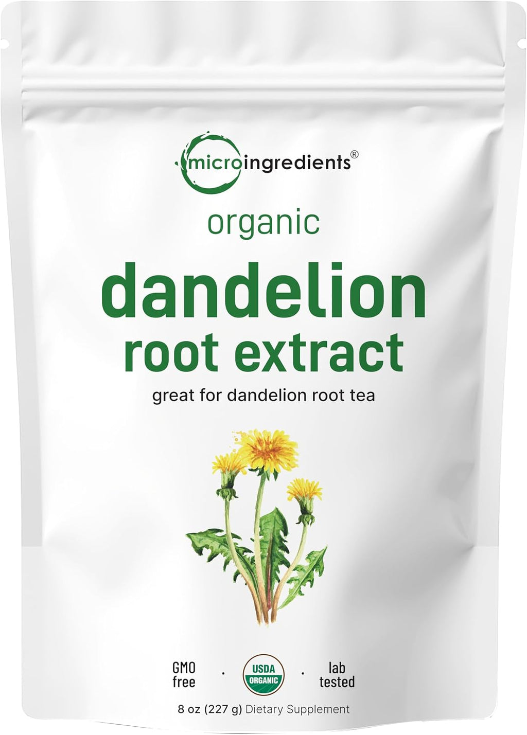 Organic Dandelion Root Tea Powder, 8oz | Up to 220 Servings | Premium Source for Daily Beverage | 100% Pure Dandelion Supplement | Caffeine Free, Non-GMO, No Sugar, Eco-Friendly Recyclable Bags