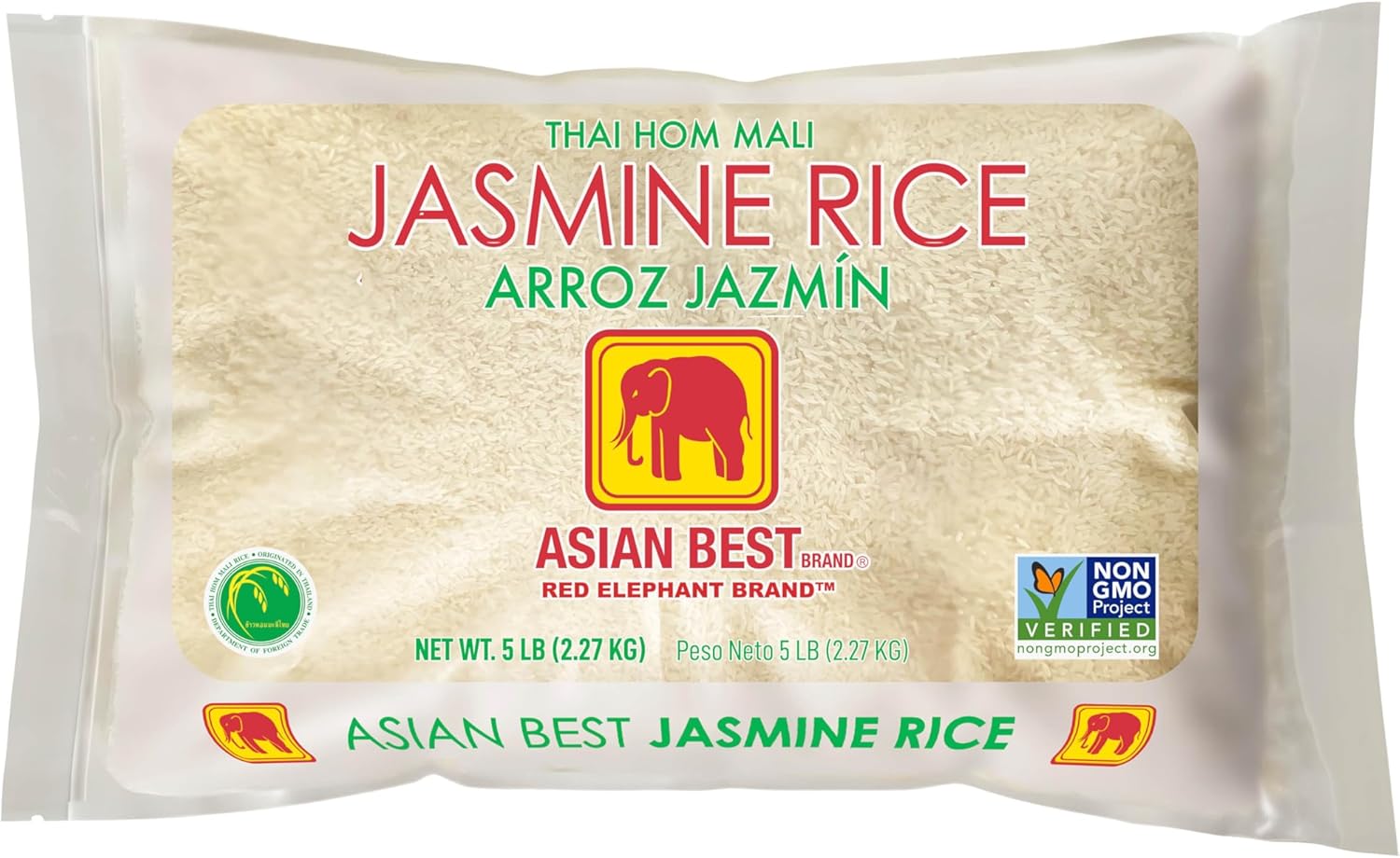 Asian Best Jasmine Rice, Thai Hom Mali, Non-GMO Verified, Gluten Free, 5 Pound Bag