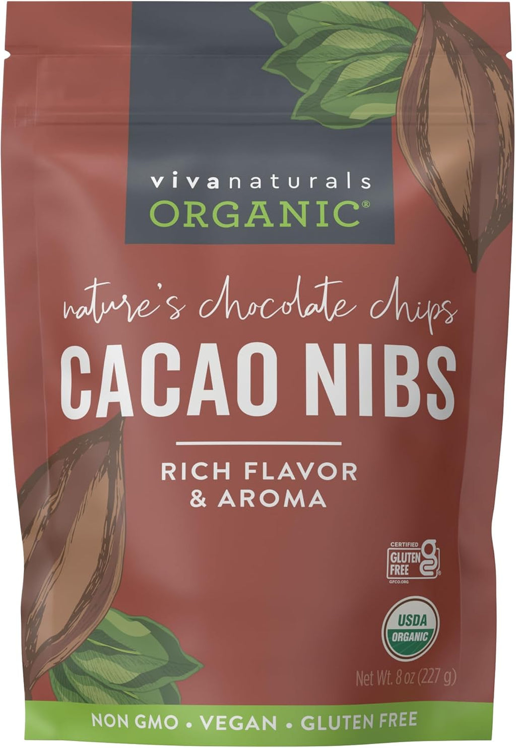 Viva Naturals Organic Cacao Nibs, Unsweetened, 8 oz (227 g), Keto Friendly, Vegan, Non-GMO, Gluten-Free Chocolate Chip Substitute