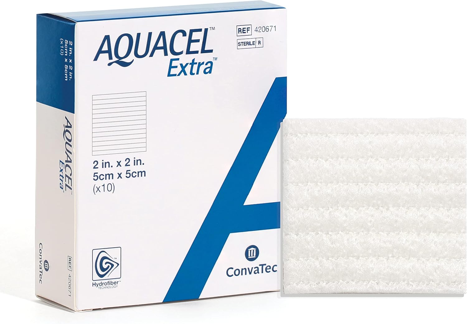 ConvaTec AQUACEL Extra 2"x2" Hydrofiber Absorbant Dressing for Moderate to Highly Exuding Wounds, Non-Woven Two-Dimensional Strengthening Fibers, Square, 10ct Box