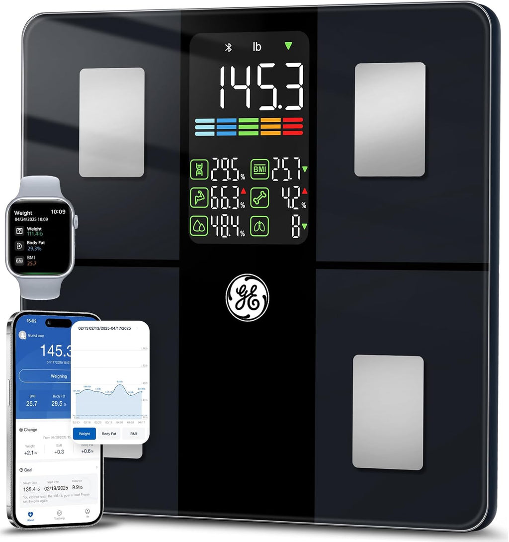 GE Scale for Body Weight, Body Fat, BMI, Muscle Mass, Smart Bathroom Scales with 14 Body Composition Metrics with Large Display, Accurate Bluetooth Weighing Machine with Fitness App, 400 lbs, Black
