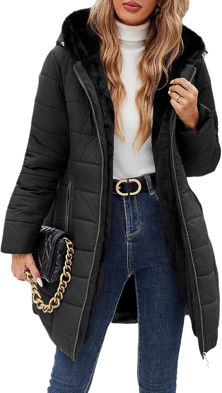 Women's Puffer Coat Winter Long Quilted Jacket Zip Up Fleece Lined Down Jacket Windproof Warm Thicken Hooded Parka Coat