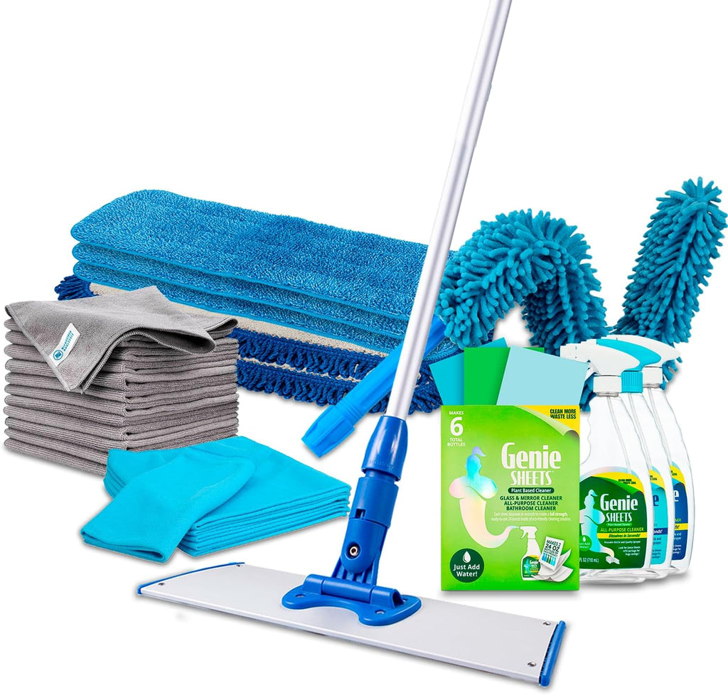 Ultimate Microfiber Kit and Genie Sheets Concentrate Combo Pack with Spray Bottles | Microfiber Dust & Wet Mop, Duster, Towels, Glass Cloth | All Purpose, Glass & Mirror, Bathroom Cleaners