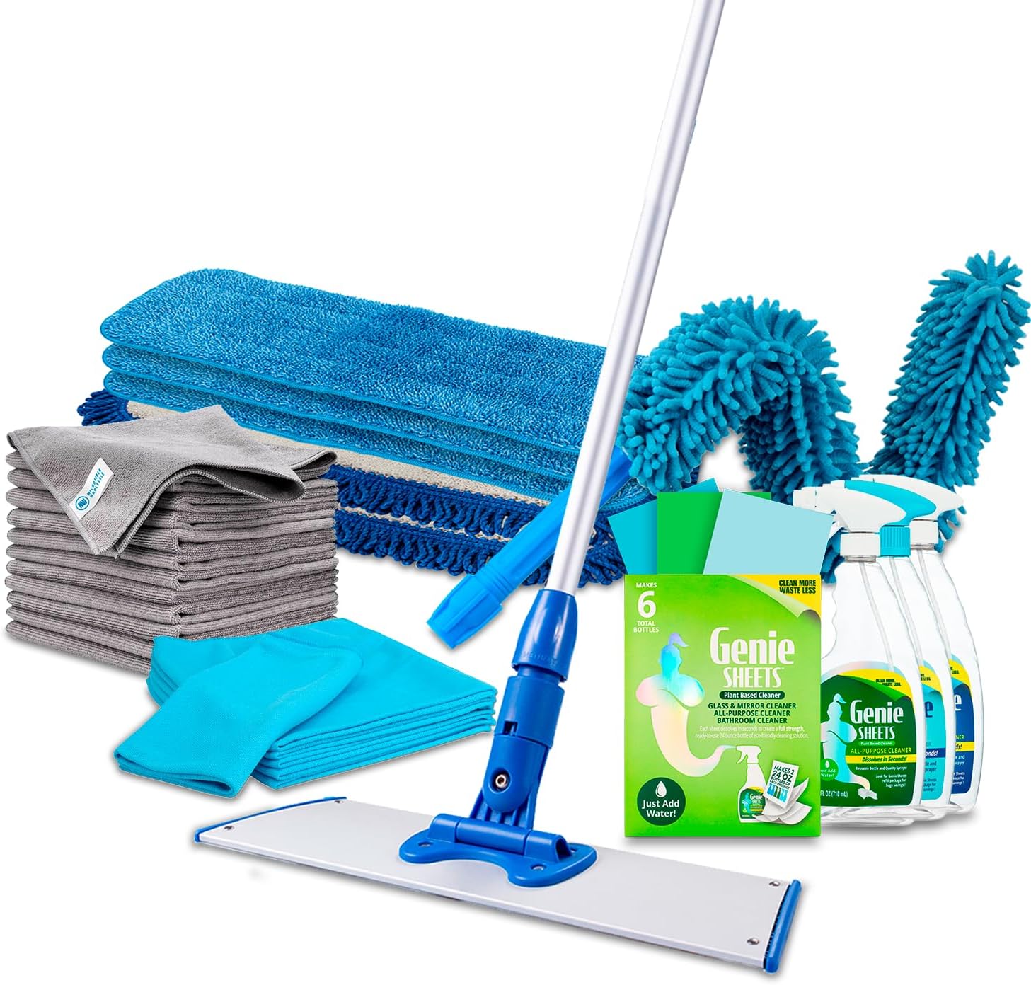 Ultimate Microfiber Kit and Genie Sheets Concentrate Combo Pack with Spray Bottles | Microfiber Dust & Wet Mop, Duster, Towels, Glass Cloth | All Purpose, Glass & Mirror, Bathroom Cleaners
