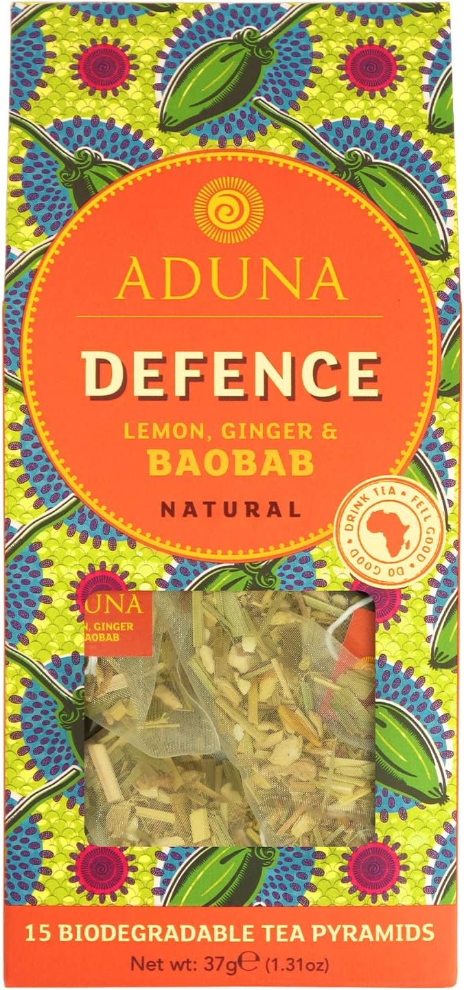 Aduna Defense Baobab Super Tea | Natural Caffeine-Free Herbal Infusion with Baobab, Ginger, & Lemon | Superfood Tea for Immunity & Digestive Support | 15 Biodegradable Pyramid Bags x 6 Packs
