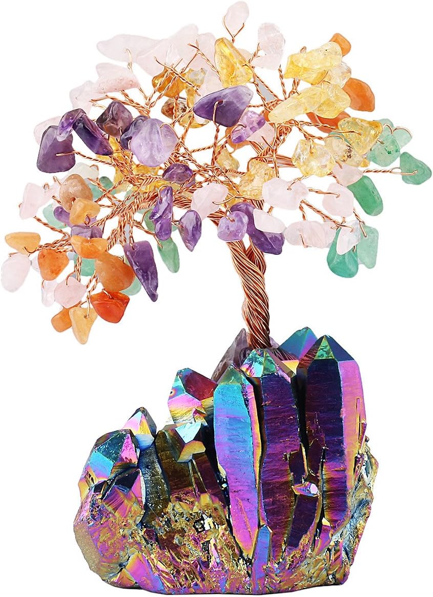 mookaitedecor Colorful Crystal Tree, Quartz Cluster Rainbow Titanium Crystals Base Bonsai Money Tree for Wealth and Luck