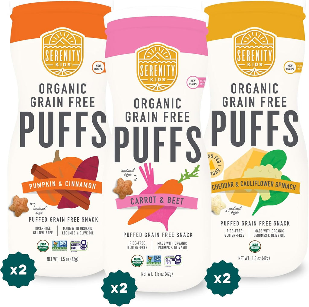 Serenity Kids 6+ Months Baby Puffs - Pack of 6, 1.5 Oz, Variety Pack - USDA Organic Grain Free Puffs - Healthy Snacks for Kids with Veggies & Olive Oil - Dissolvable Finger Food for Toddler Snacks