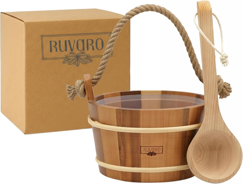Sauna Bucket and Ladle Set – Handcrafted from Canadian Red Cedar Wood – 1 Gallon (4Liters) Water Capacity – Leakproof Liner – Natural Rope Handle - Luxury Sauna Accessories Set