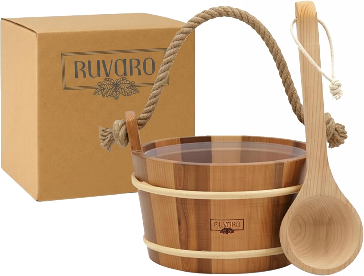 Sauna Bucket and Ladle Set – Handcrafted from Canadian Red Cedar Wood – 1 Gallon (4Liters) Water Capacity – Leakproof Liner – Natural Rope Handle - Luxury Sauna Accessories Set