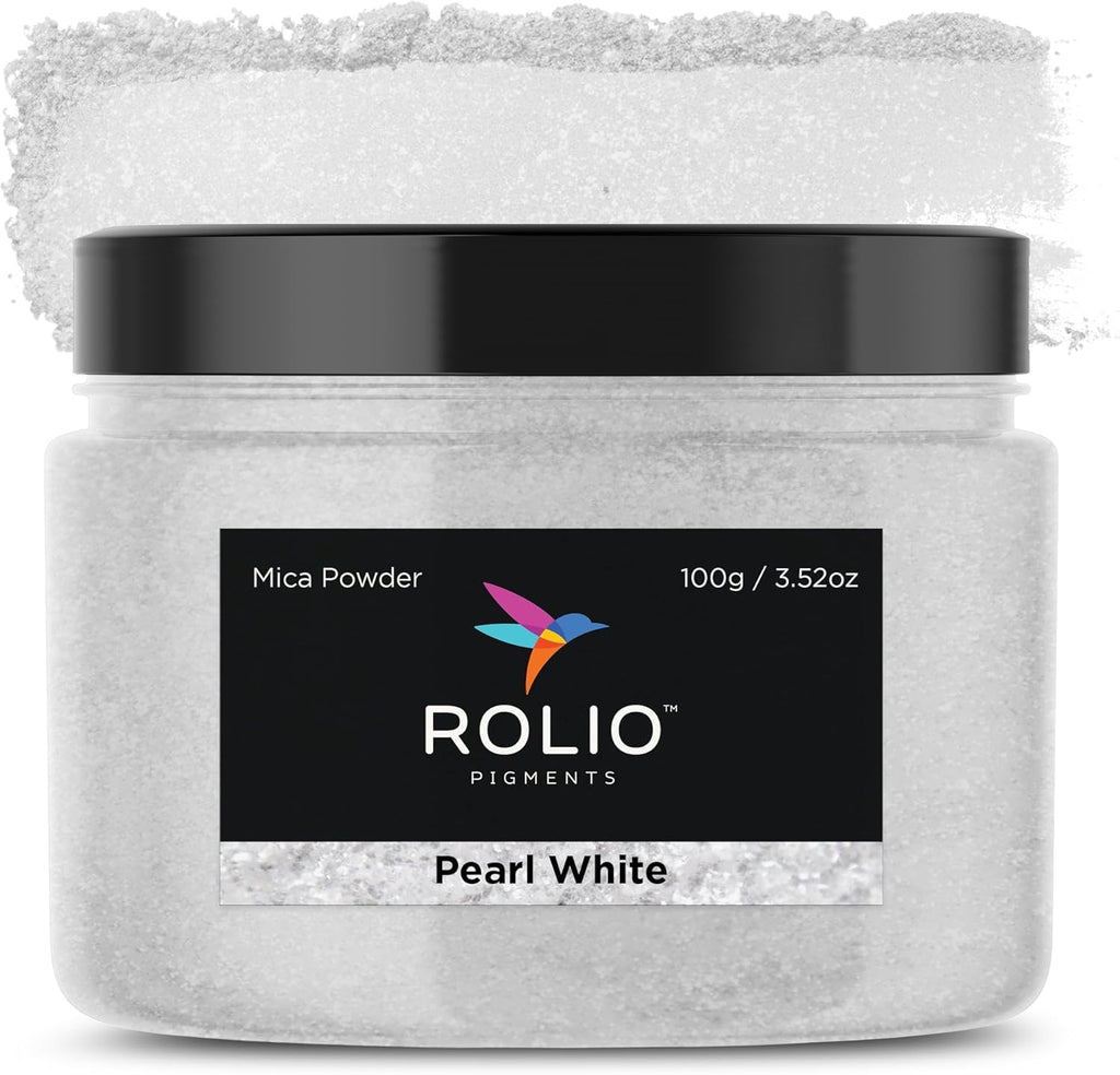 Rolio Premium White Mica Powder - Pearl White (100G / 3.5oz) - 1 Jar of White Pigment Powder for Epoxy Resin, Dye, Soap Making, Nail Polish, Paint, Candle Making, Bath Bombs, Slime