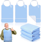 Threlaco 3 Pack Unisex Adults Bib for Seniors Elderly Women Men Waterproof Bib Eating Cloth Adjustable Reusable Clothing Protector with Crumb Catcher and Pocket for Disabled, Machine Washable, Blue