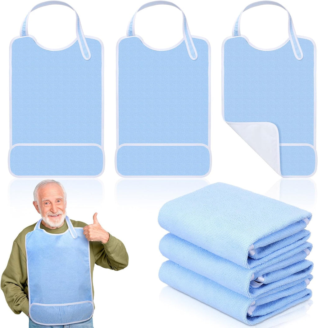 3 Pack Unisex Adults Bib for Seniors Elderly Women Men Waterproof Bib Eating Cloth Adjustable Reusable Clothing Protector with Crumb Catcher and Pocket for Disabled, Machine Washable, Blue