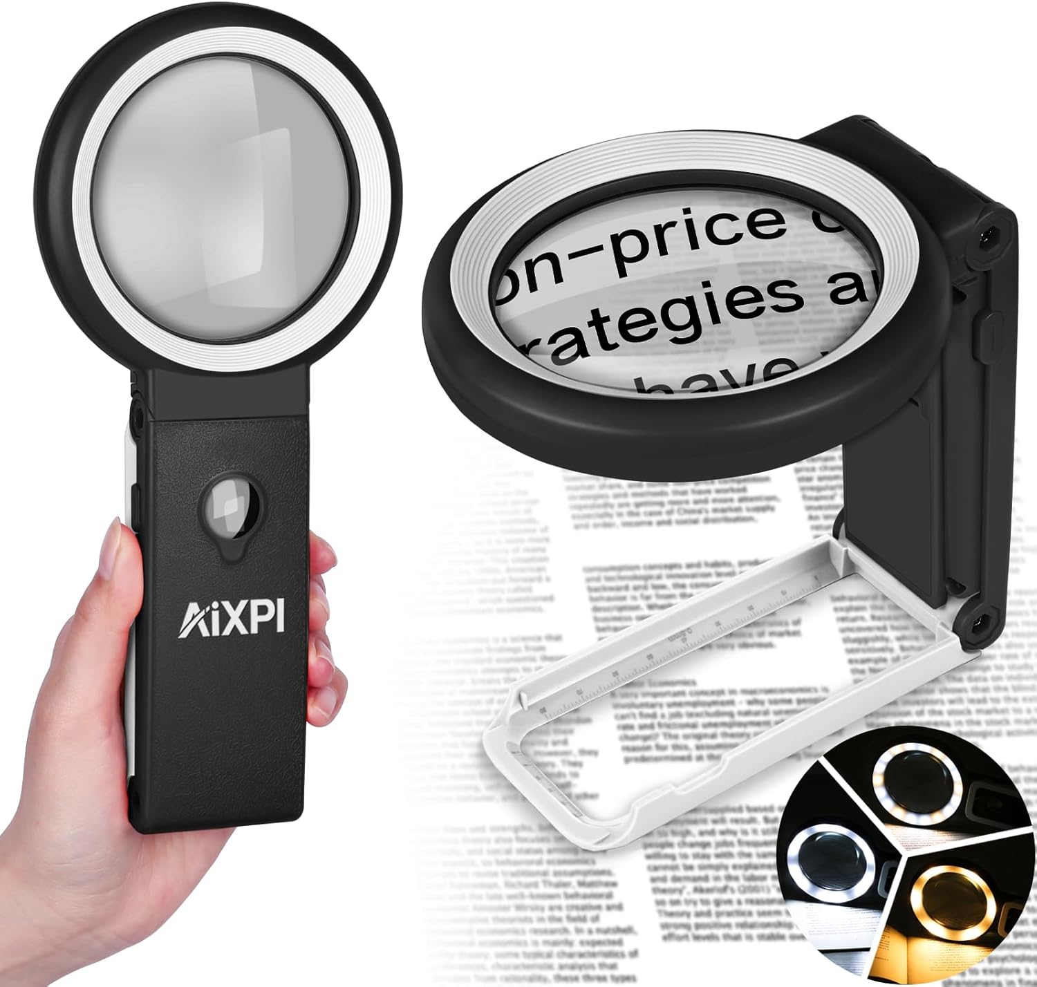 Magnifying Glass with Light and Stand, 10x Large Lighted Magnifying Glass 18 LED Illuminated Handheld Magnifier for Reading Close Work Coins Jewelry Macular Degeneration Black