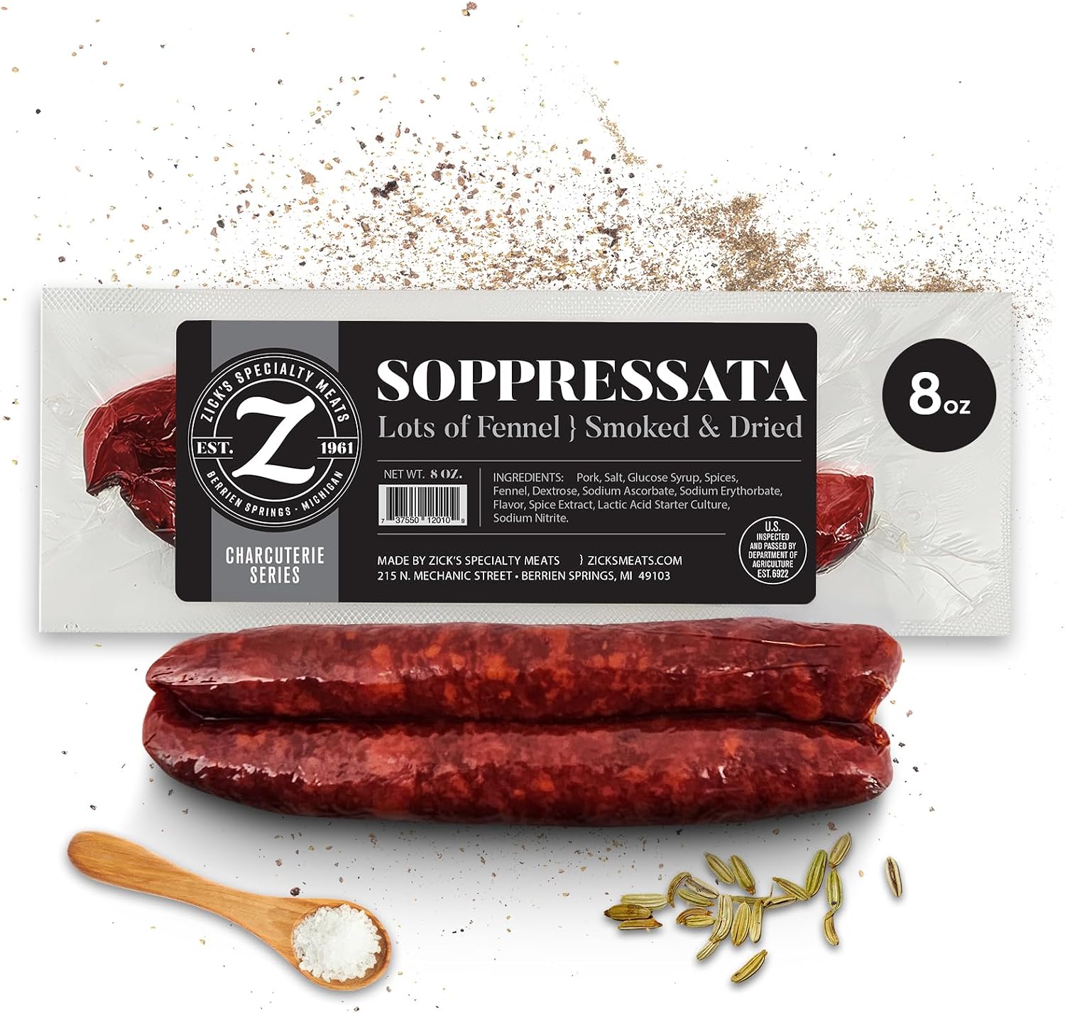 Zick’s Specialty Meats Soppressata Italian Sausage (8oz) | Smoked & Dried Sausage | Naturally Cured Sopressata Charcuterie Meat | Italian Meat with Fennel Spices | Slow-Dried Organic Salami