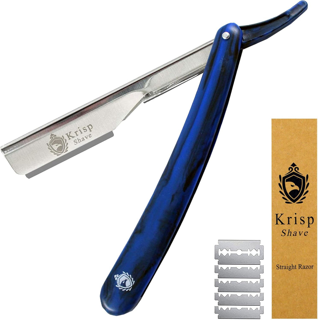 Professional Straight Razors For Men 2mm Exposed Blade Straight Edge Barber Razor Kit For Close Shaving - Beard Navajas Para Barbero Shavette 10 Shaving Blades By Krisp Beauty (Blue Marble Design)