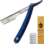 Professional Straight Razors For Men 2mm Exposed Blade Straight Edge Barber Razor Kit For Close Shaving - Beard Navajas Para Barbero Shavette 10 Shaving Blades By Krisp Beauty (Blue Marble Design)