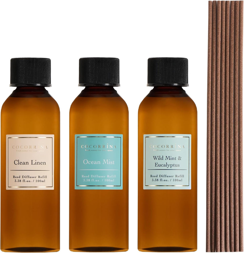 COCORRÍNA Reed Diffuser Refill Set, 10.2oz Scented Oil Refill 3 Pack, Clean Linen, Ocean Mist, Eucalyptus & Moss, Long Lasting Oil Diffuser Refill with 18 Sticks for Bathroom & Bedroom