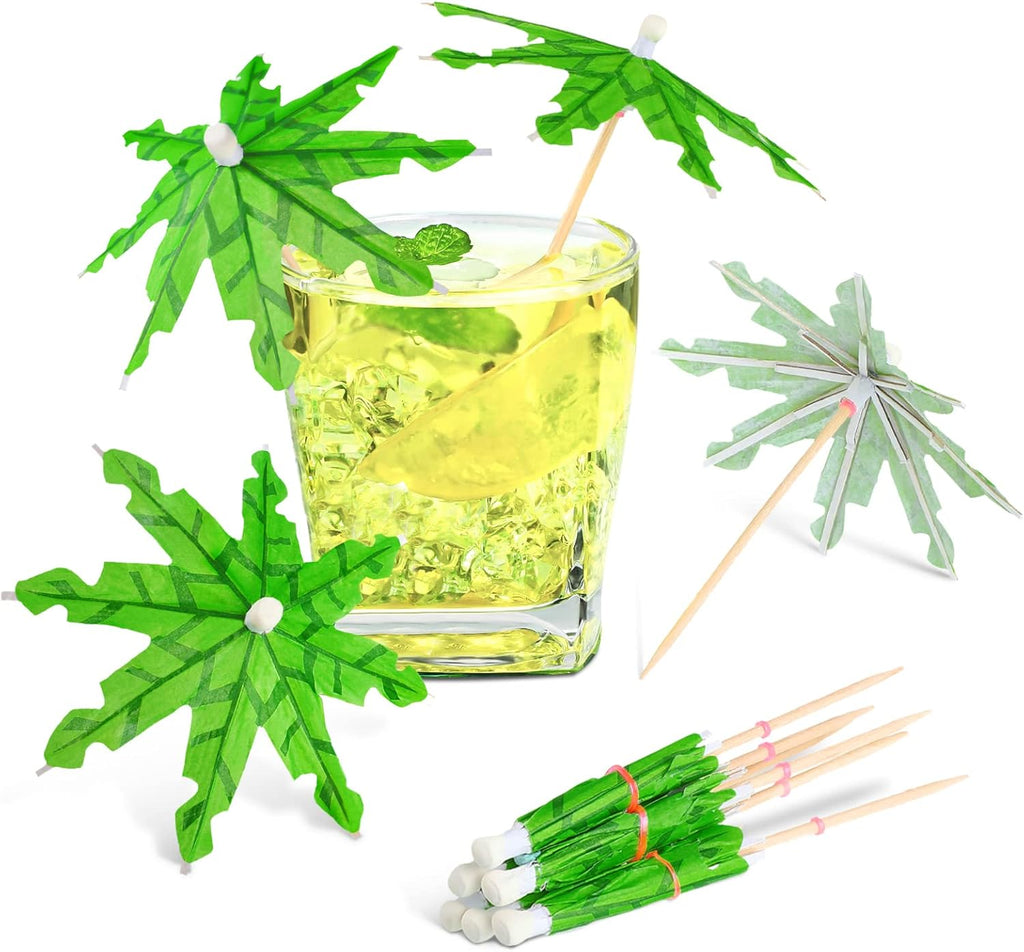 150 Pieces Coconut Leaves Drink Umbrellas Cocktail Picks Parasol Cocktail Sticks with Wood Toothpicks for Summer Hawaiian Cupcake Toppers Umbrella Sticks Tropical Wedding Party