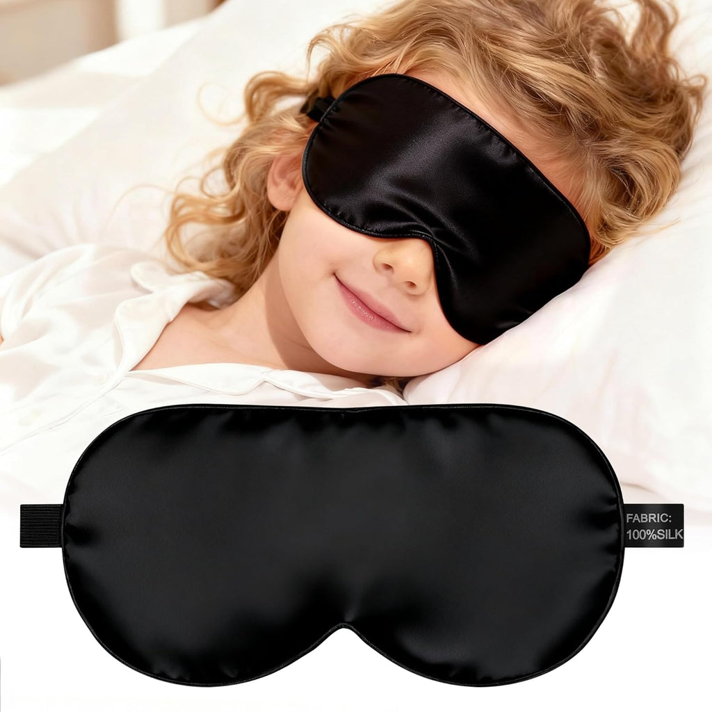 Silk Sleep Eye Mask for Kids, 100% Real Natural Pure Silk Sleeping Masks, Blindfold Sleep Eye Cover with Adjustable Strap, Soft & Lightweight Night Eyeshade for Boys Girls Teens (Black)