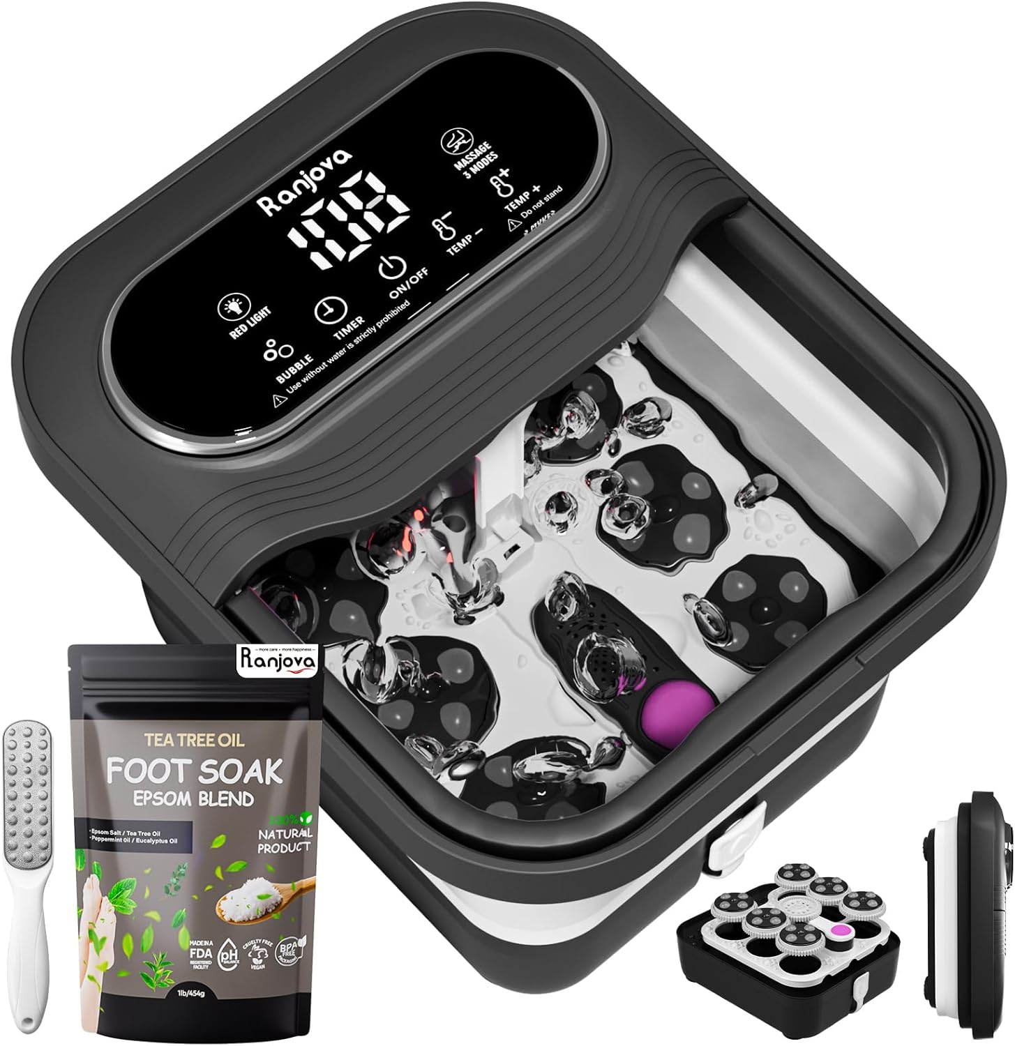 Foot Spa Electric Rotary Massage, Tea Tree Oil Foot Soak with Epsom Salt, Collpaisble Foot Spa Bath Massager with Heat, Bubble Jets, Temp Control, 24 Motorized Shiatsu Massage Balls and Foot File