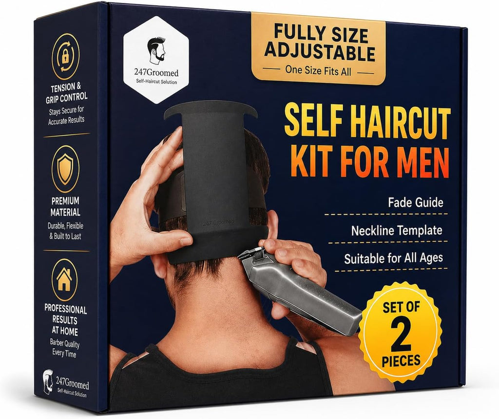 247 Groomed Self Haircut Kit for Men | 2Pcs SelfCut Guide for Men: Neckline Shaving Template & Fade Guide | Adjustable Size Hair Fade Tool & Stable Neck Line Up Tool | Hair Cut for Kids & Seniors