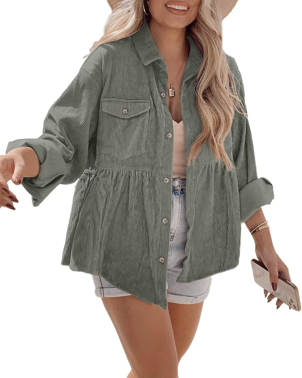 Womens Corduroy Peplum Shacket Jacket Long Sleeve Button Down Babydoll Shirts Oversized Casual Blouses Tops