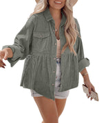 Womens Corduroy Peplum Shacket Jacket Long Sleeve Button Down Babydoll Shirts Oversized Casual Blouses Tops