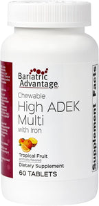 Bariatric Advantage Chewable High ADEK with Iron - for Bariatric Patients - High Potency Vitamin A, D, E & K - Includes B-Vitamins - Chewable Multivitamins - Tropical Fruit - 60 Count
