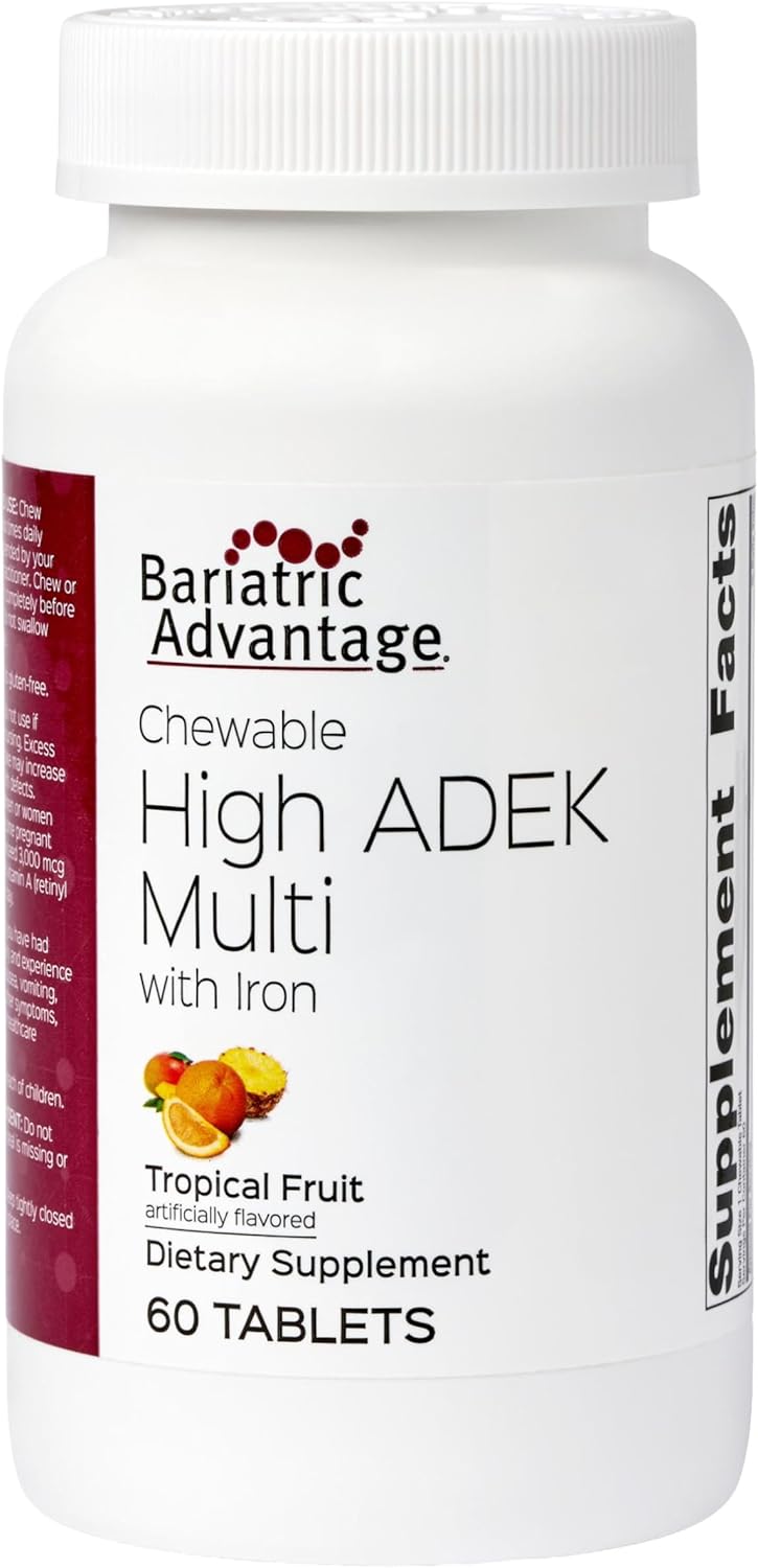 Bariatric Advantage Chewable High ADEK with Iron - for Bariatric Patients - High Potency Vitamin A, D, E & K - Includes B-Vitamins - Chewable Multivitamins - Tropical Fruit - 60 Count