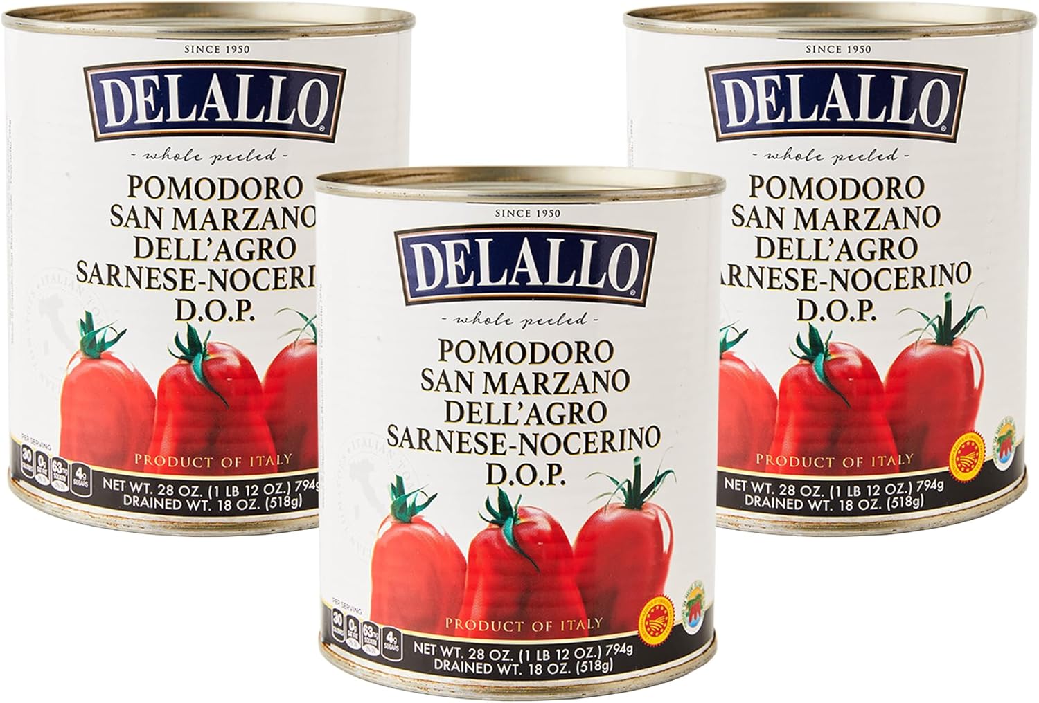 DaLallo DOP San Marzano Tomatoes, 28 oz Can, (3 Pack) Non-GMO, Harvested & Grown Agro-Sarnese Nocerino Italy, Vibrant Rich Red Tomatoes Packed in Light Puree, Low Seed Content, Kosher
