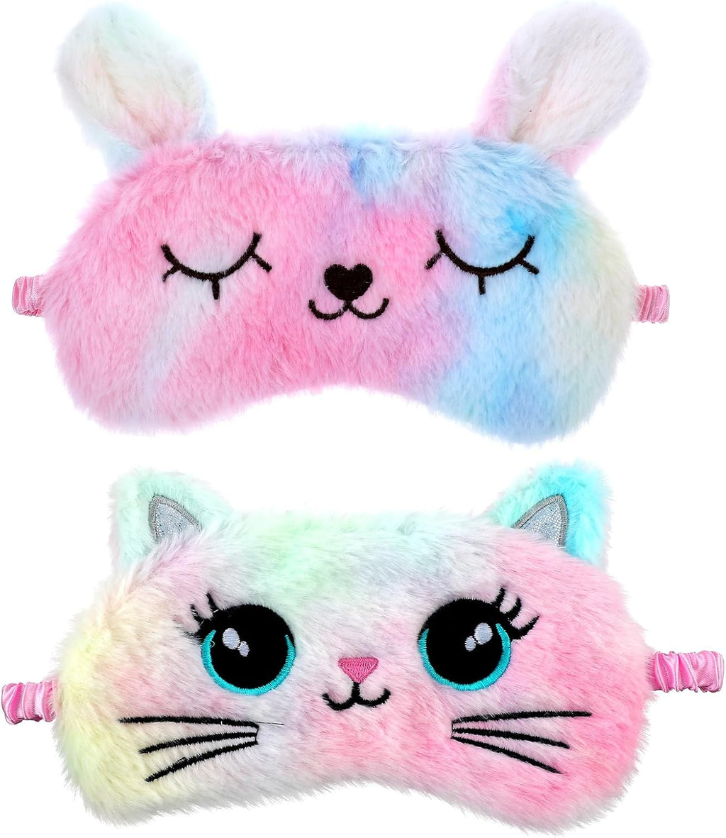 2 Pcs Plush Eye Mask Soft Sleeping Blindfold Eye Cover Comfortable Cute Animal Sleeping Mask Satin Nap Night Eyeshade Cover for Women Men Gift (Multicolor, Cat&Rabbit Style)