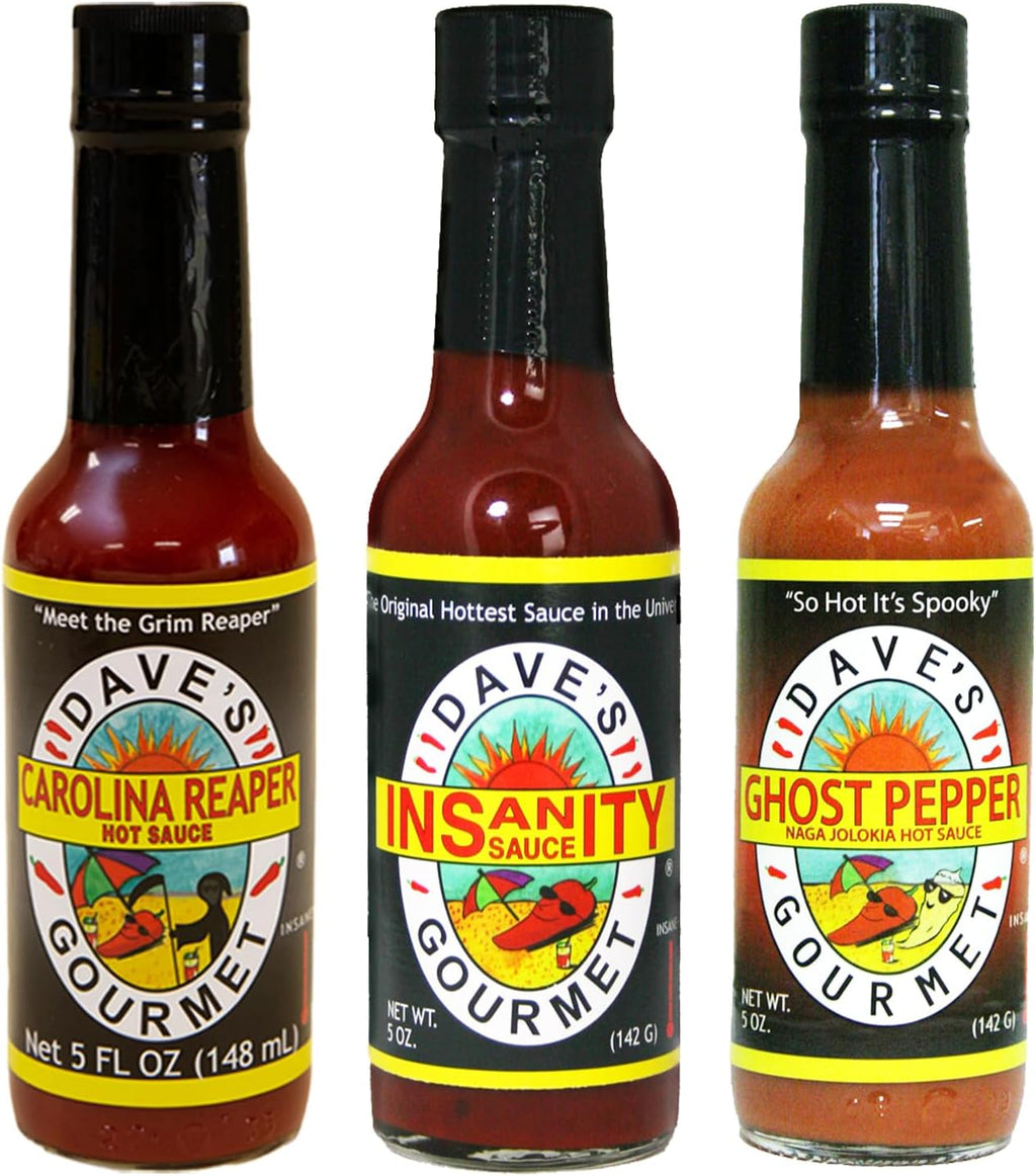 Dave's Gourmet Super Spicy Hot Sauce Variety 3 Pack - Includes Original Insanity, Ghost Pepper Naga Jolokia, and Carolina Reaper - Hot Sauce Set - Spicy Sauce for Burgers, Wings, Tacos - 5oz Bottles