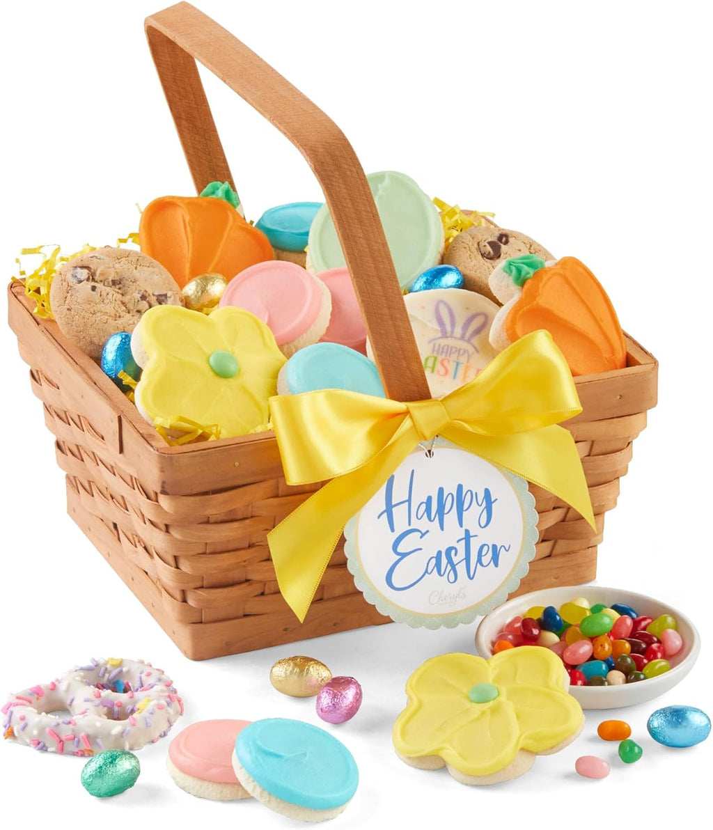 Cheryl's Cookies® Easter Celebration Gift Basket, Assorted Treats with 23 Cookies, Chocolates, and Jelly Beans and Pretzel, Individually Wrapped, Easter or Spring Gift for Loved Ones, Family, Friends