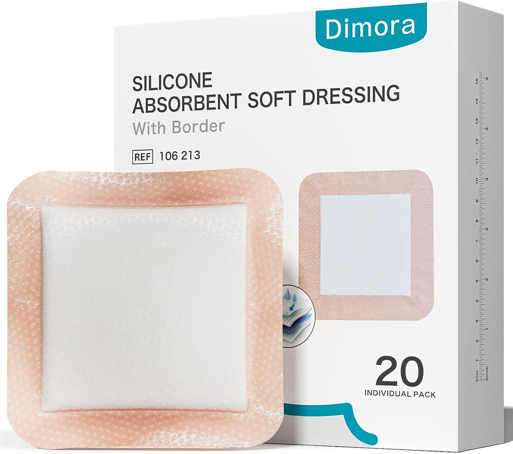 Dimora 20 Count Silicone Super Absorbent Wound Dressing 6" x 6" - Large Adhesive Bandage for Heavy Exudate, Border Wound Care Pads for Pressure Sore and Post-Surgical Incisions