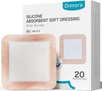 Dimora 20 Count Silicone Super Absorbent Wound Dressing 6" x 6" - Large Adhesive Bandage for Heavy Exudate, Border Wound Care Pads for Pressure Sore and Post-Surgical Incisions