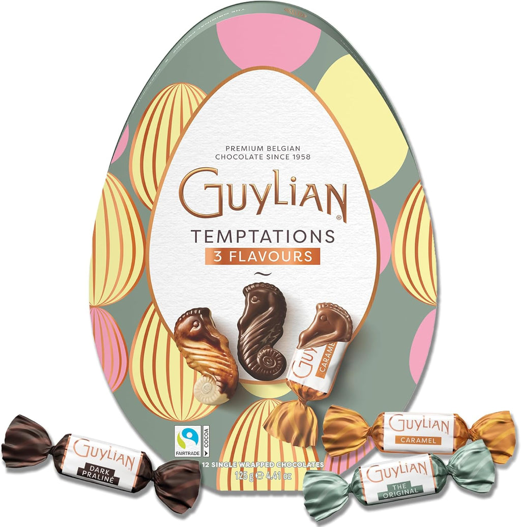 GuyLian Belgian Chocolate Seashells, Temptations Easter Egg Special Edition, 4.44 oz, 12 pc Easter Candy Gift Box, Milk, White & Dark Chocolate for Baskets & Spring Celebrations