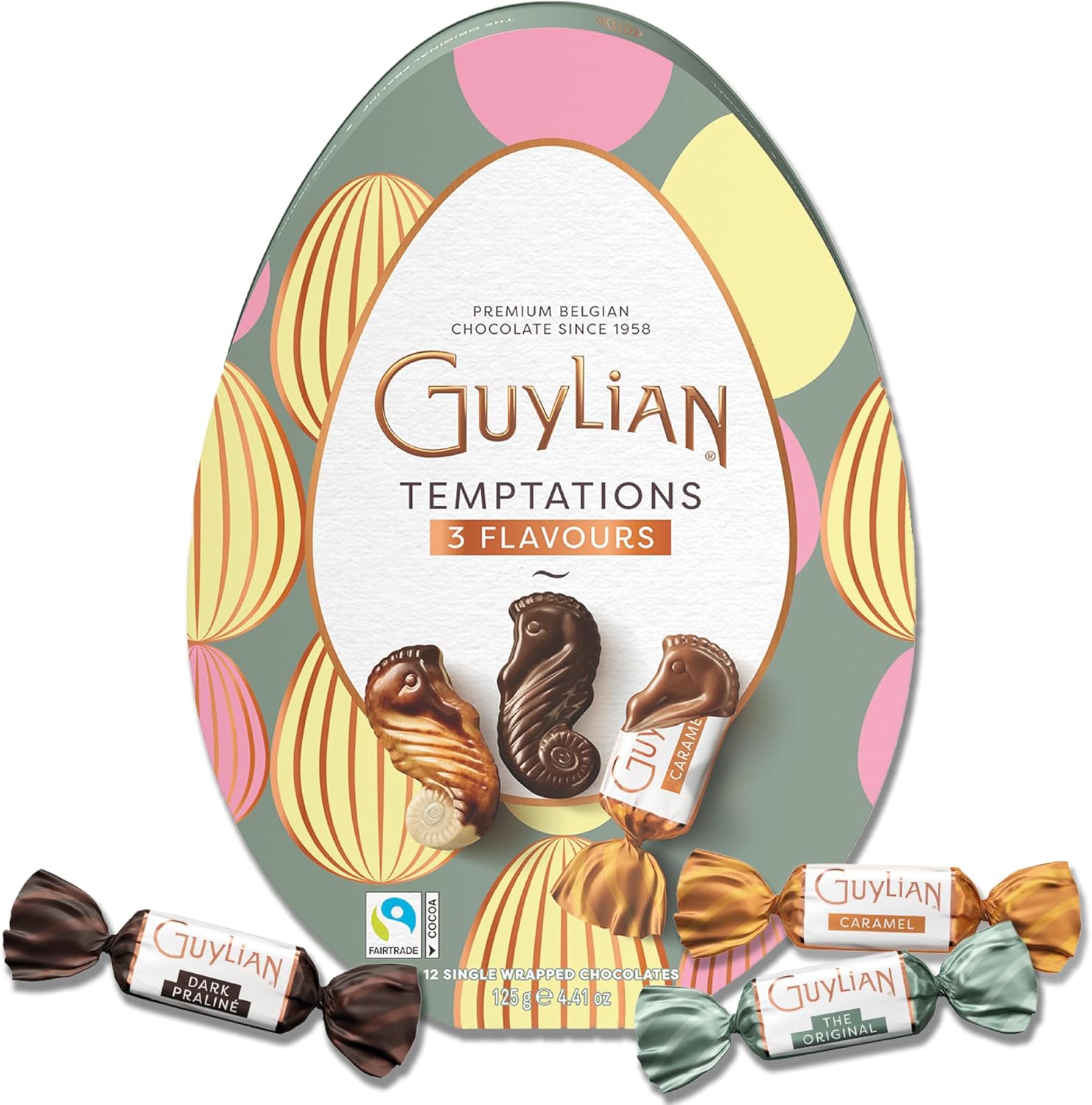 GuyLian Belgian Chocolate Seashells, Temptations Easter Egg Special Edition, 4.44 oz, 12 pc Easter Candy Gift Box, Milk, White & Dark Chocolate for Baskets & Spring Celebrations