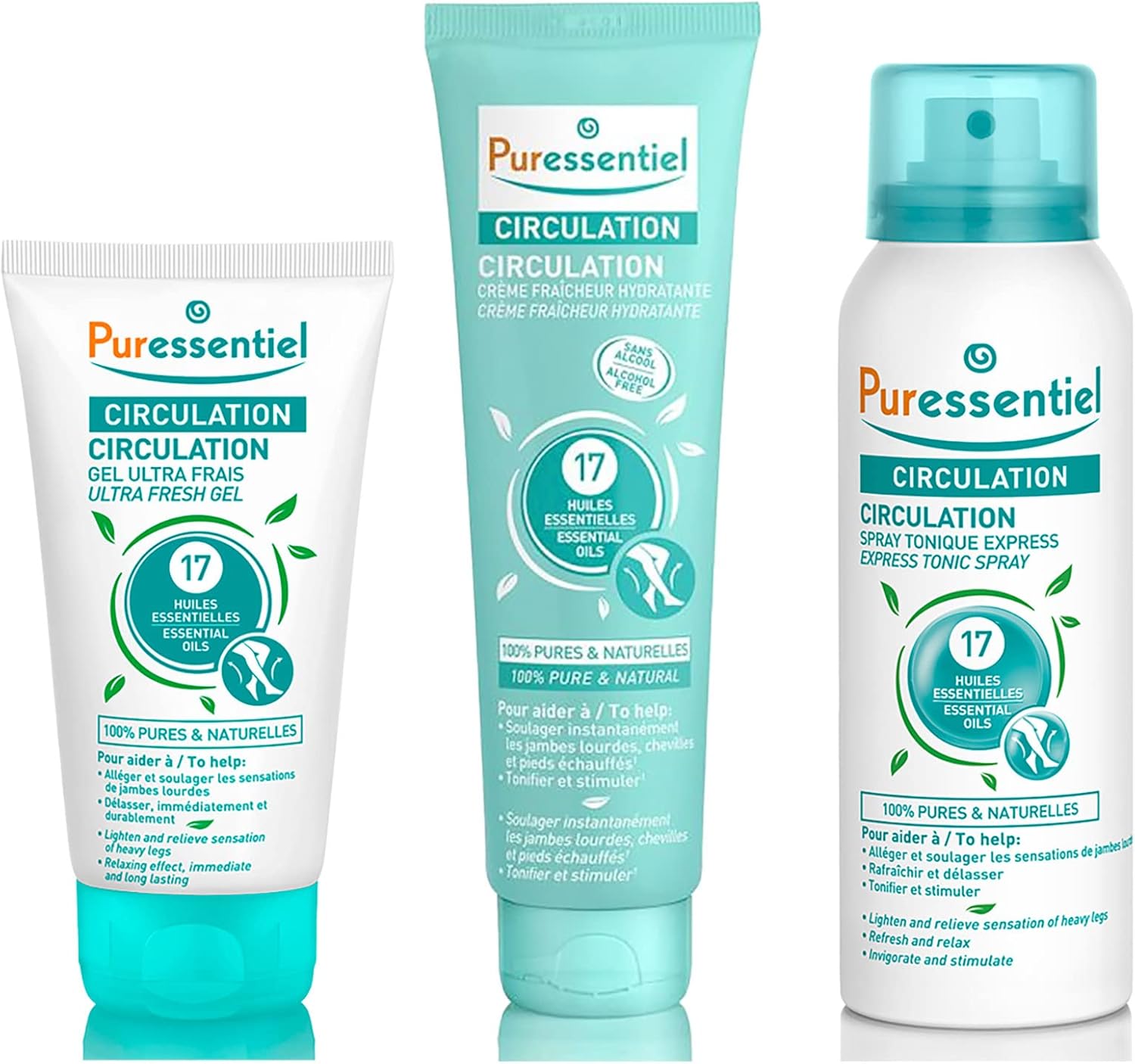 Puressentiel Circulation Essentials Set - Cooling Cream, Fresh Gel, and Spray - Aromatherapy Products for Muscle Tension - Provides Instant, Lasting Relief - Natural and Plant-Based Blends - 3 pc