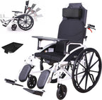 Lightweight Wheelchair for Adults, Full Reclining Folding Transport Wheelchairs with High Back & Removable Headrest, Self-Propelled Manual Wheelchairs Scooter with Tray Table & Bedpan, 18.5"Seat, U.S