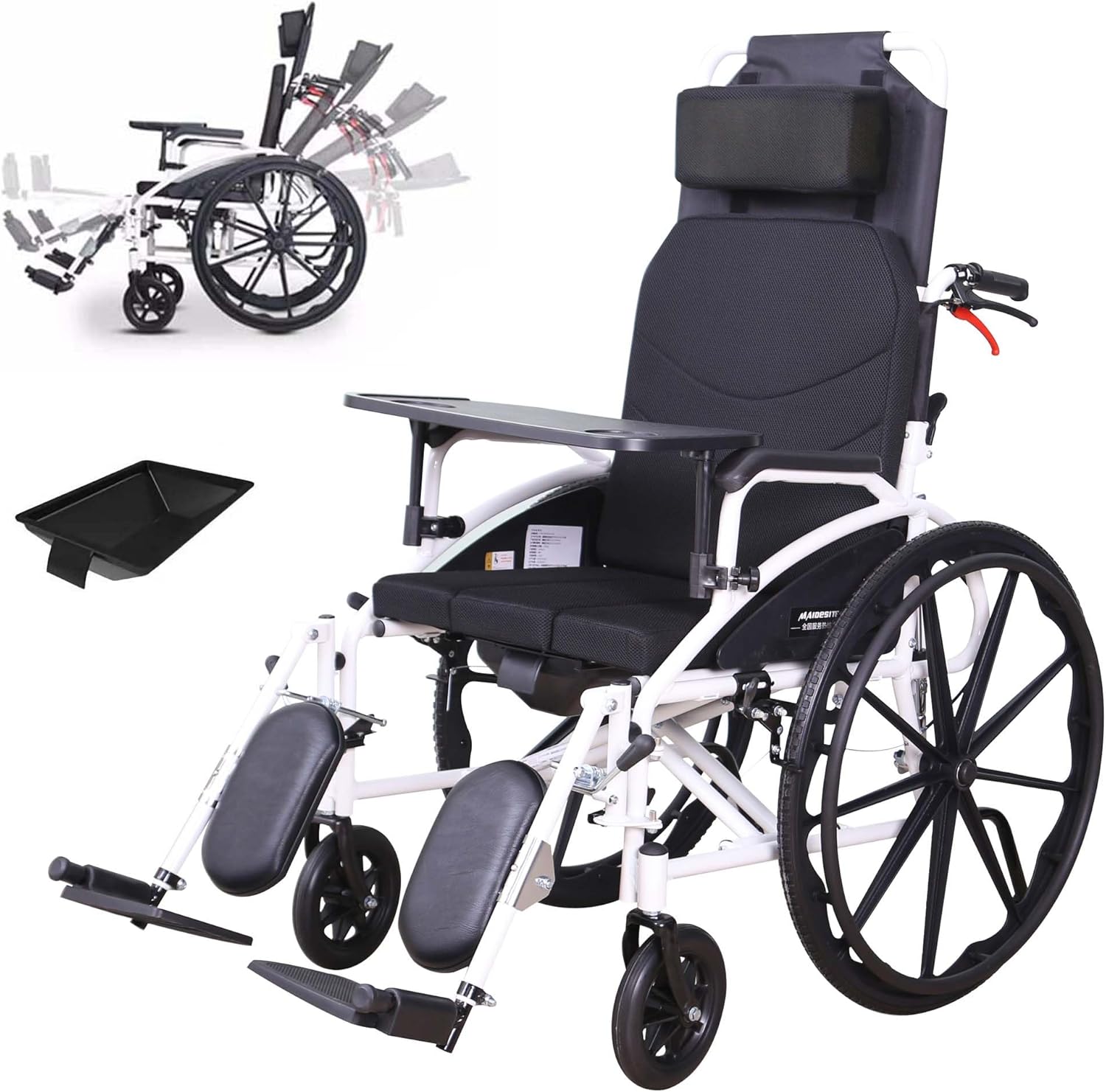 Lightweight Wheelchair for Adults, Full Reclining Folding Transport Wheelchairs with High Back & Removable Headrest, Self-Propelled Manual Wheelchairs Scooter with Tray Table & Bedpan, 18.5"Seat, U.S