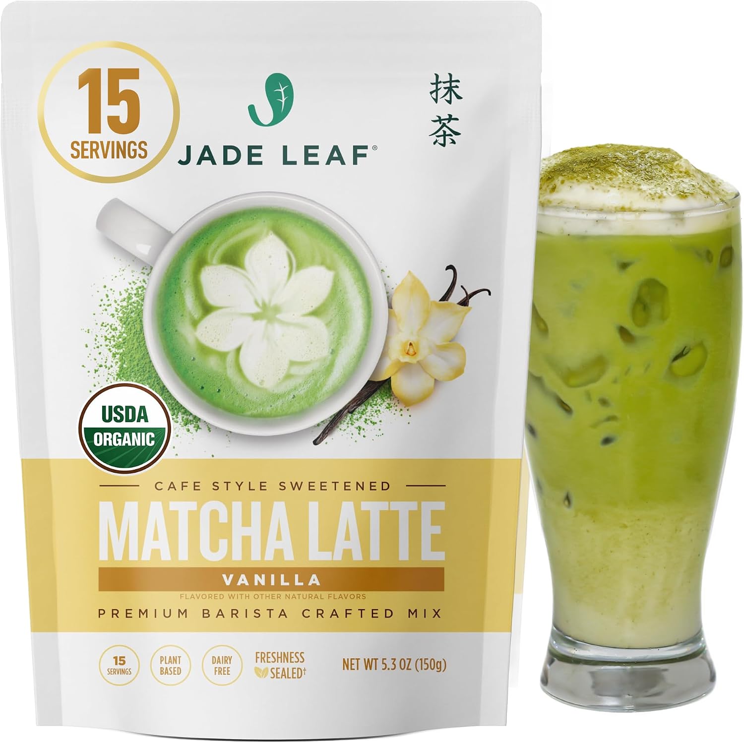 Jade Leaf Matcha Organic Vanilla Matcha Latte Mix - Lightly Sweet Japanese Matcha Green Tea Powder with Organic Cane Sugar for Café Style Blend, 5.3 Ounce / 150g (Pack of 1)
