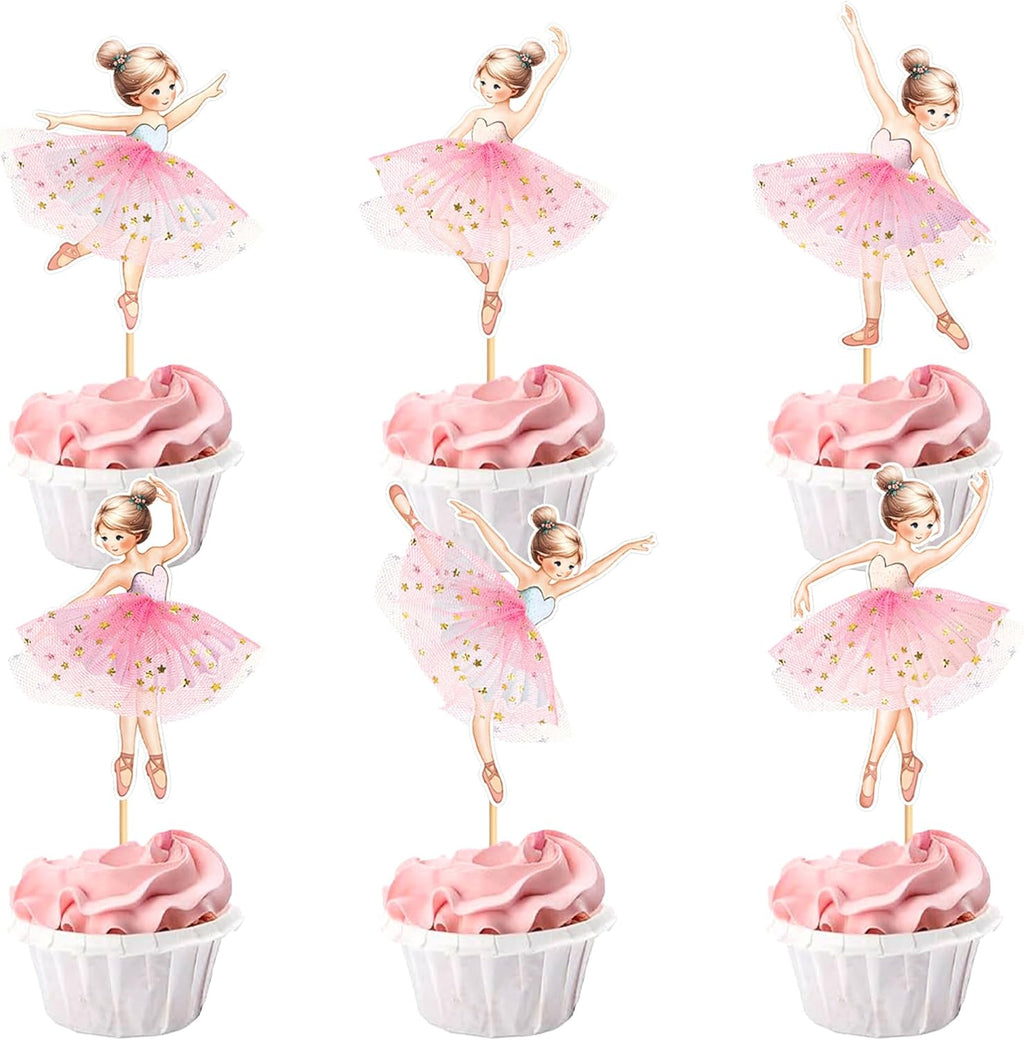 24PCS Ballerina Cupcake Topper Kit, Ballet Tutu Dancer with Slipper Picks for Little Girls Birthday, Baby Shower, Wedding Party Decorations（Pink）