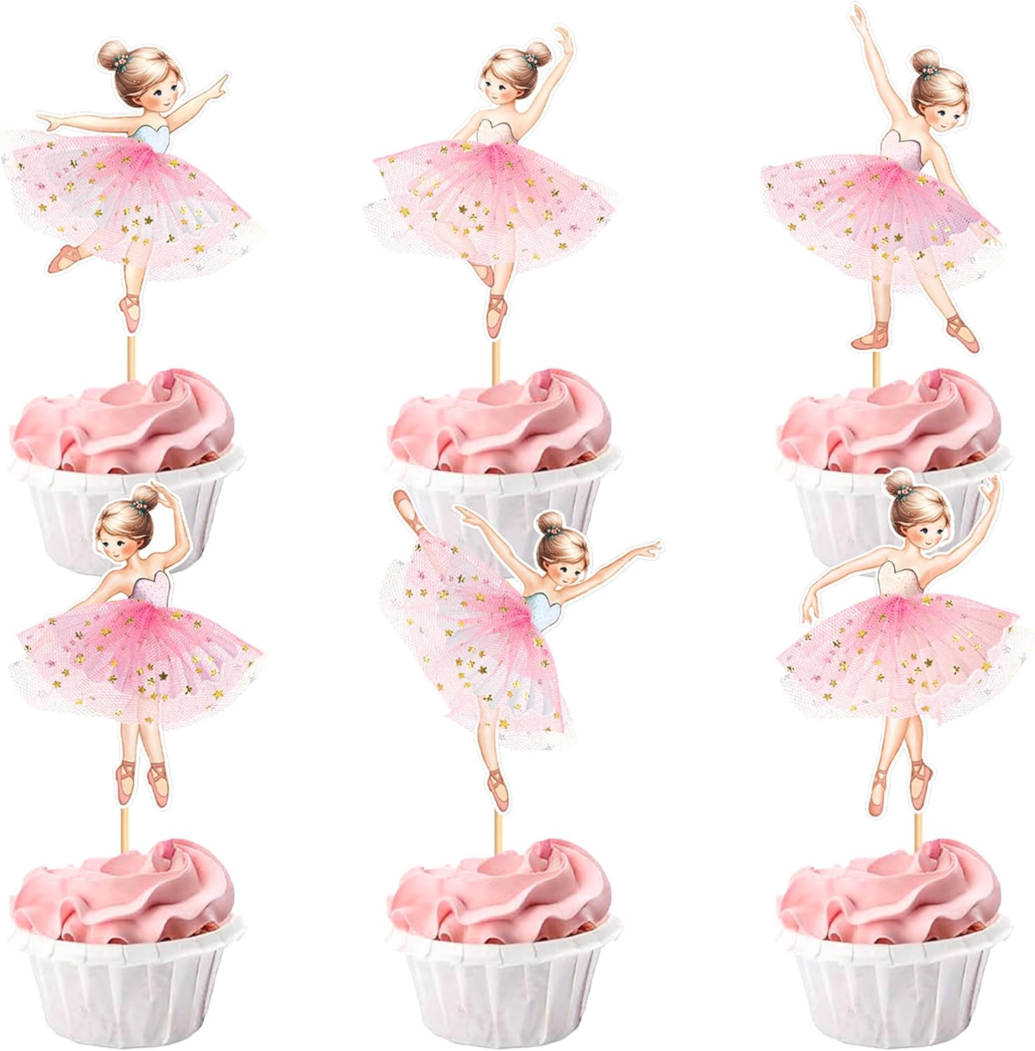 24PCS Ballerina Cupcake Topper Kit, Ballet Tutu Dancer with Slipper Picks for Little Girls Birthday, Baby Shower, Wedding Party Decorations（Pink）