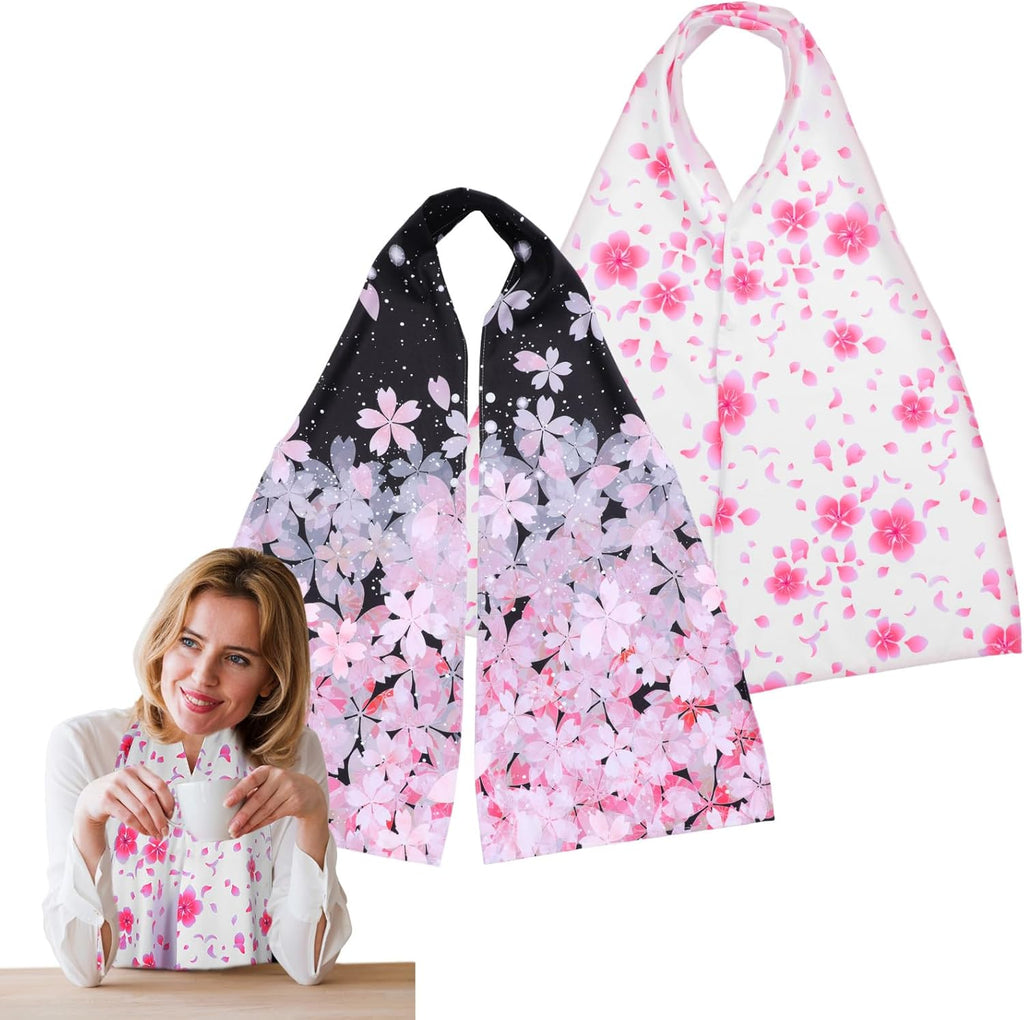 2 Pcs Stylish Adult Bibs Scarf for Women, Snap on Bibs Scarf for Adults Eating Dining, Cotton Clothing Protectors for Elderly Senior Women and Men (Black and White with Pink Sakura)