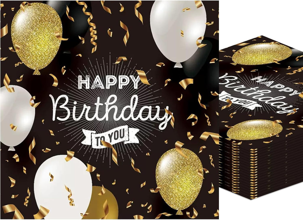 50Pcs Happy Birthday Napkins Black and Gold Napkins with Glitter Balloon Design 6.5 x 6.5 Inches Disposable Paper Napkins for Baby Shower Anniversary Birthday Party Supplies